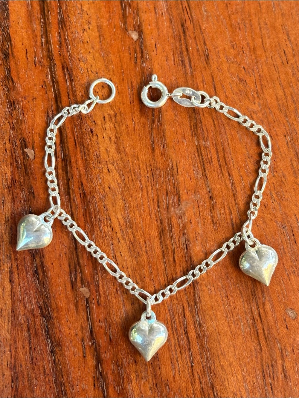Vintage 925 Sterling Silver Puffy Heart Charm Bracelet 5.5” Petite Figaro Chain